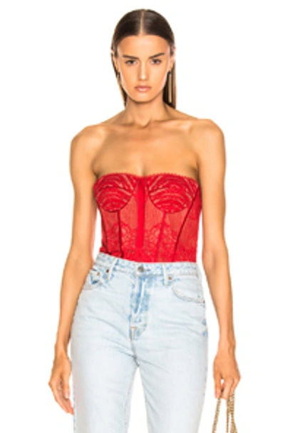 Shop Jonathan Simkhai Mixed Lace Bustier Bodysuit In Red In Fire Red