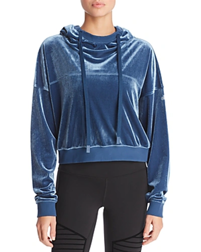 Shop Alo Yoga Velour Cropped Hooded Sweatshirt In Eclipse