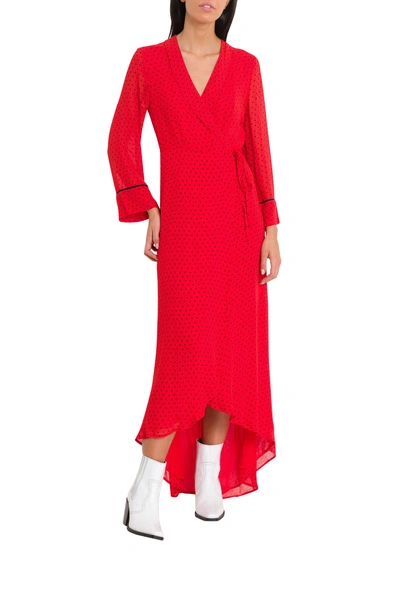 Shop Ganni Mullin Polka Dots Wrap Dress In Red