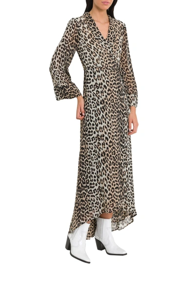 Shop Ganni Mullin Leopard Print Wrap Dress In Brown
