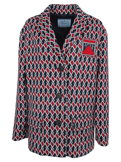 Shop Prada Jacquard Caban Coat In F059f Blu/rosso