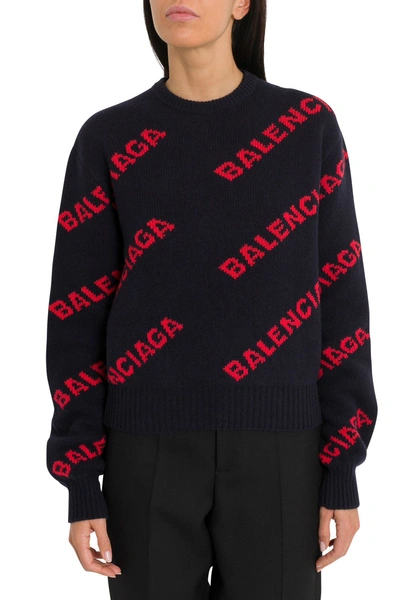 Shop Balenciaga Oversize Jacquard Logo Sweater In Blu