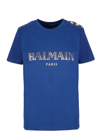 Shop Balmain Shoulder Embellished T-shirt In Sau Indigo Or
