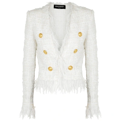 Shop Balmain Ivory Fringed Tweed Jacket