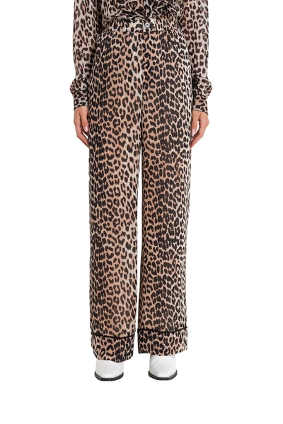 Shop Ganni Mullin Leopard Print Pijama Trousers In Brown