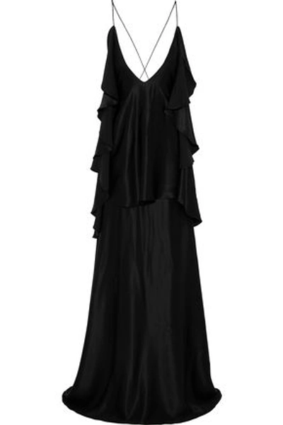 Shop Michael Lo Sordo Woman Open-back Ruffled Silk-satin Gown Black