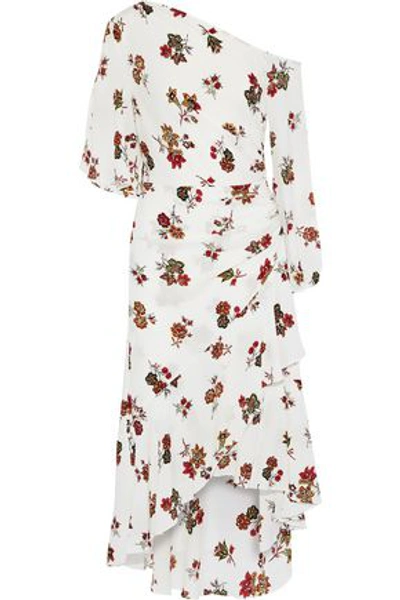 Shop A.l.c . Woman Asymmetric Ruched Floral-print Silk Crepe De Chine Midi Dress Off-white