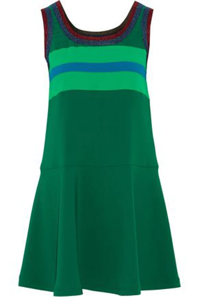 Shop Anna Sui Woman Fluted Metallic-trimmed Striped Crepe Mini Dress Green