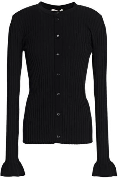 Shop Emilio Pucci Woman Fluted Ribbed-knit Cardigan Black