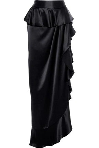 Shop Michael Lo Sordo Woman Asymmetric Ruffled Silk-satin Maxi Skirt Black