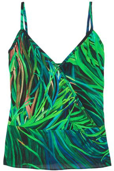 Shop Elie Saab Woman Wrap-effect Printed Silk-crepe Camisole Green