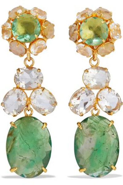 Shop Bounkit Woman Convertible Gold-tone, Fluorite And Quartz Earrings Lime Green