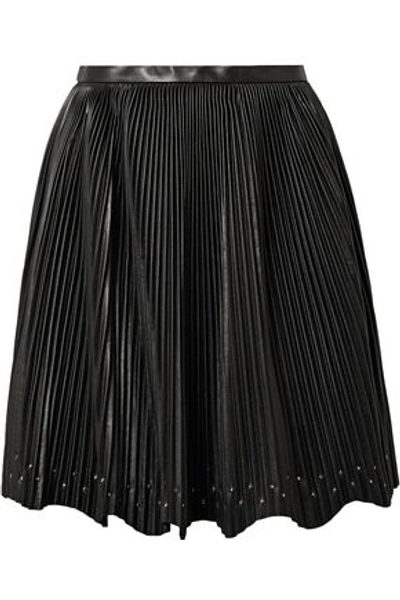 Shop Elie Saab Studded Plissé-leather Mini Skirt In Black