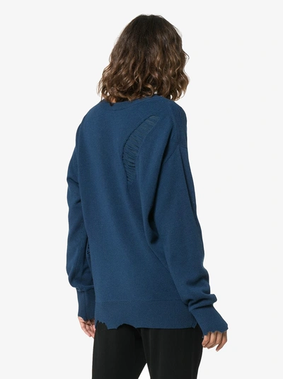 Shop Helmut Lang Distressed V-neck Wool Jumper In Blue
