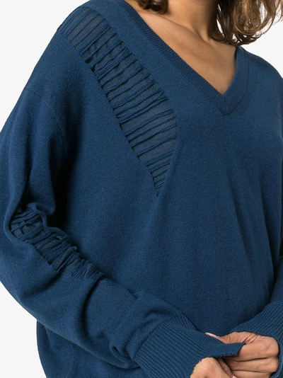 Shop Helmut Lang Distressed V-neck Wool Jumper In Blue