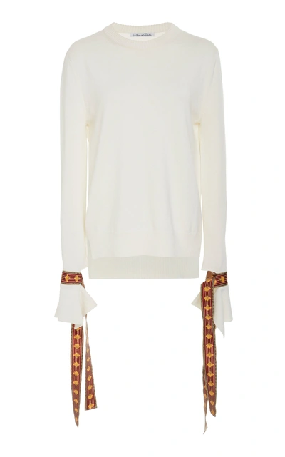 Shop Oscar De La Renta Rounded Neck Sweater With Tie Sleeves In White