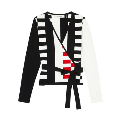 Shop Diane Von Furstenberg Ellis Checked Stretch-jersey Wrap Top In Black