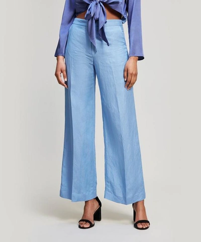 Shop Teatum Jones Hanover Straight Leg Crop Trousers In Summer Blue Linen