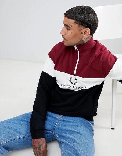 Fred Perry Sports Authentic 90s Logo 1/4 Zip Panel Sweat In Black/burgundy  - Black | ModeSens