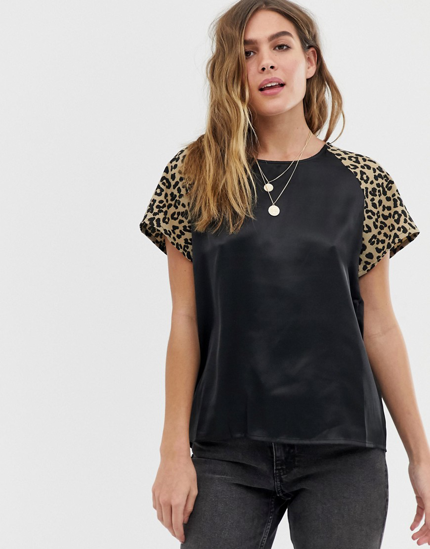 Vero Moda Leopard Print Sleeve Blouse - Black | ModeSens
