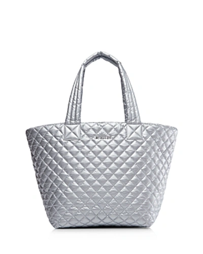 Mz Wallace Metro Medium Quilted Metallic Shell Tote In Tin Metallic/silver