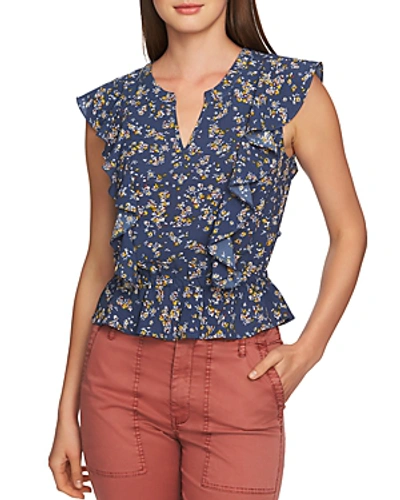 Shop 1.state Heritage Ruffled Floral Blouse In Antique Blue