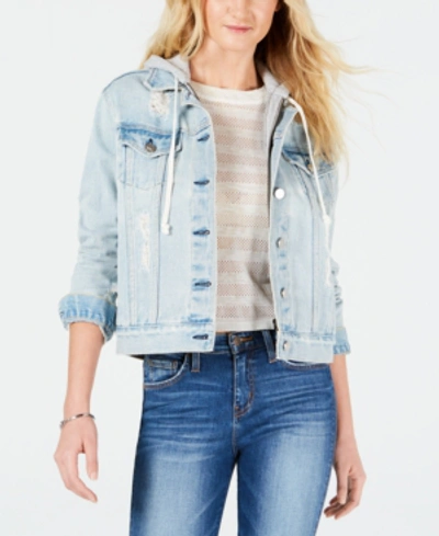 Shop Kendall + Kylie Cotton Ripped Hooded Denim Jacket In Light Destroyed