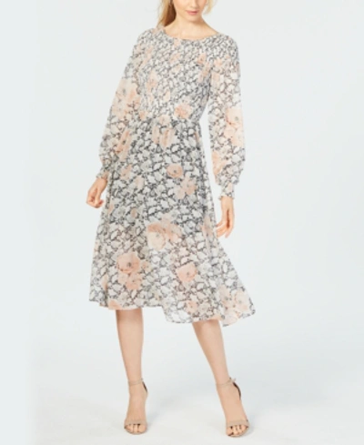 Shop Avec Les Filles Smocked-floral Midi Dress In Blush/black/white