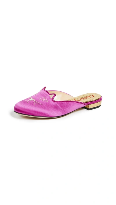 Shop Charlotte Olympia Kitty Slippers In Fuchsia/gold