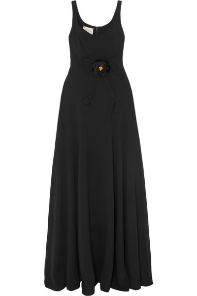 Shop Gucci Appliquéd Grosgrain-trimmed Crepe Gown In Black