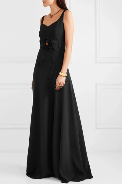 Shop Gucci Appliquéd Grosgrain-trimmed Crepe Gown In Black