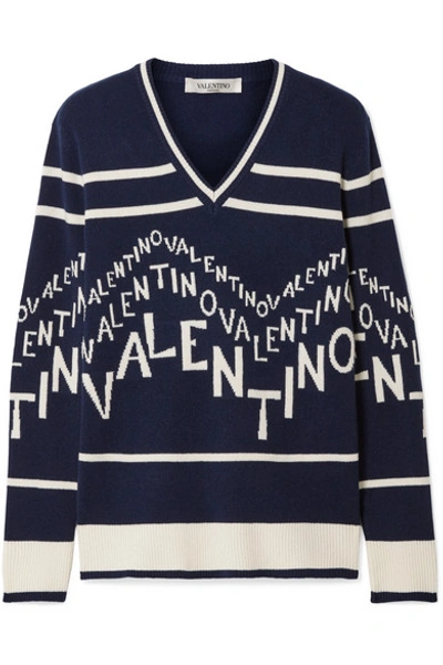 Shop Valentino Intarsia Wool And Cashmere-blend Sweater In Navy