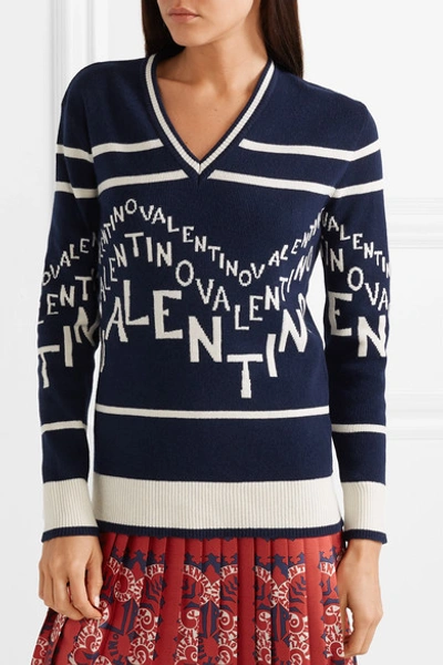 Shop Valentino Intarsia Wool And Cashmere-blend Sweater In Navy