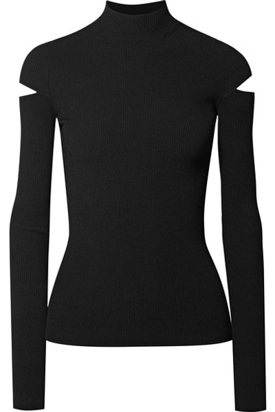 Shop Helmut Lang Cutout Ribbed-knit Turtleneck Sweater In Black
