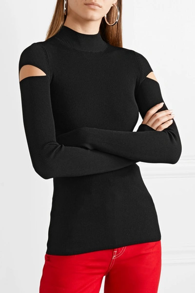Shop Helmut Lang Cutout Ribbed-knit Turtleneck Sweater In Black