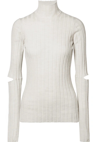 Shop Helmut Lang Cutout Ribbed Wool Turtleneck Sweater In Ivory