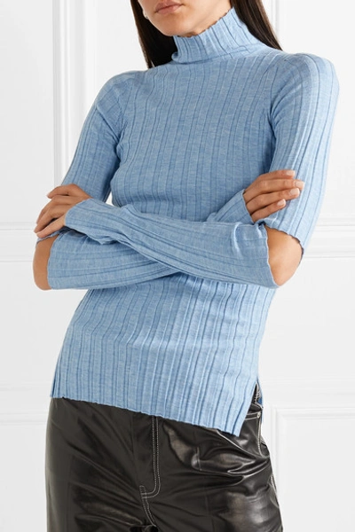 Shop Helmut Lang Cutout Ribbed Wool Turtleneck Sweater In Light Blue
