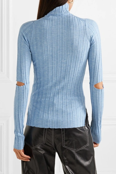 Shop Helmut Lang Cutout Ribbed Wool Turtleneck Sweater In Light Blue