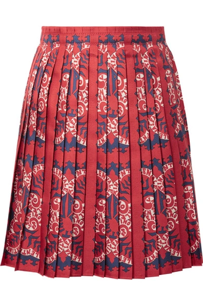 Shop Valentino Pleated Printed Silk Mini Skirt In Red