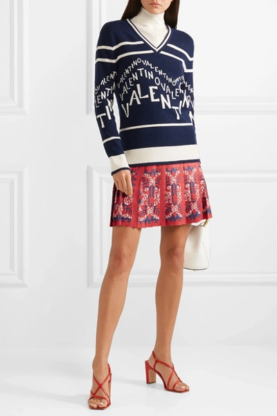 Shop Valentino Pleated Printed Silk Mini Skirt In Red