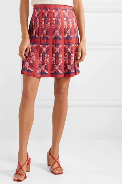 Shop Valentino Pleated Printed Silk Mini Skirt In Red
