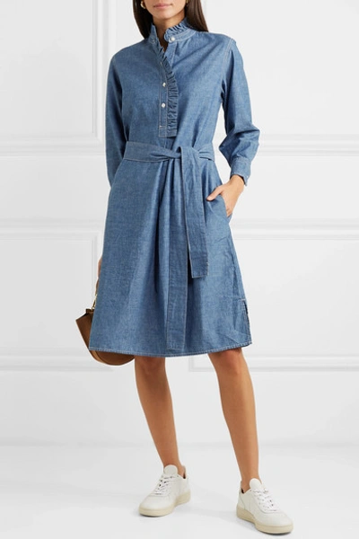 Shop Tory Burch Deneuve Belted Ruffle-trimmed Cotton-chambray Dress In Dark Denim