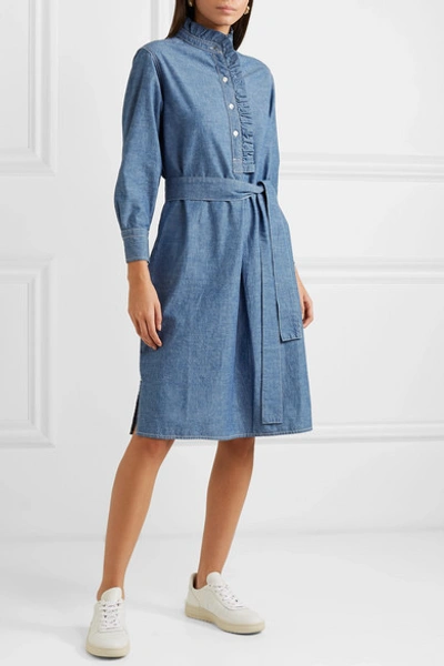 Shop Tory Burch Deneuve Belted Ruffle-trimmed Cotton-chambray Dress In Dark Denim