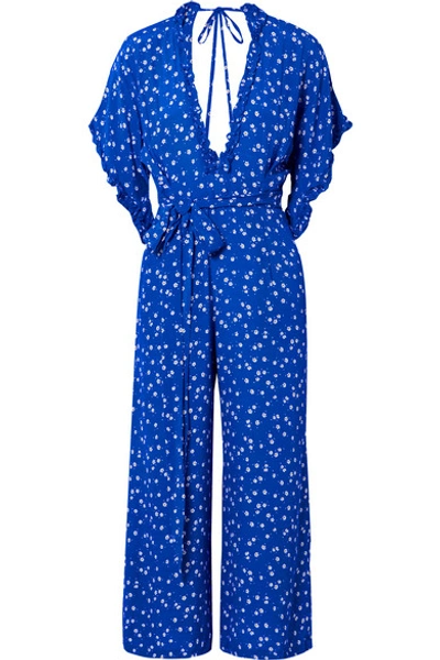 Shop Faithfull The Brand La Villa Tie-detailed Ruffled Floral-print Crepe Jumpsuit In Cobalt Blue