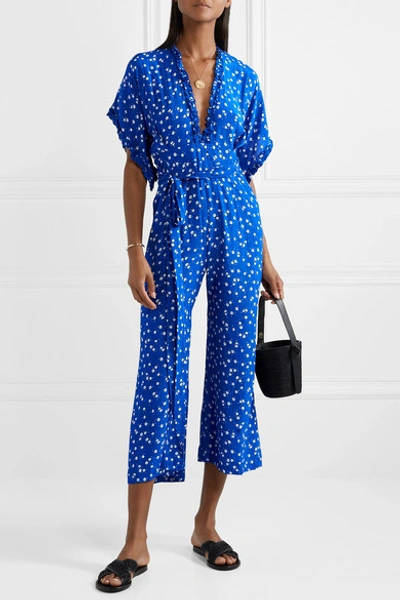 Shop Faithfull The Brand La Villa Tie-detailed Ruffled Floral-print Crepe Jumpsuit In Cobalt Blue