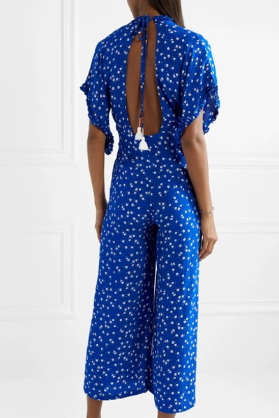 Shop Faithfull The Brand La Villa Tie-detailed Ruffled Floral-print Crepe Jumpsuit In Cobalt Blue