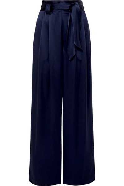 Shop Tory Burch Belted Satin Wide-leg Pants In Navy