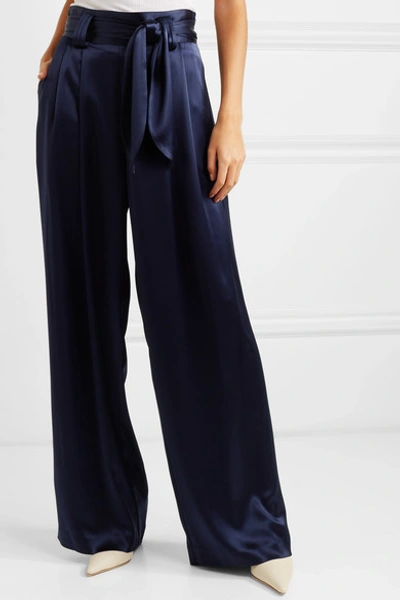 Shop Tory Burch Belted Satin Wide-leg Pants In Navy