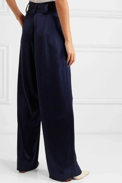 Shop Tory Burch Belted Satin Wide-leg Pants In Navy