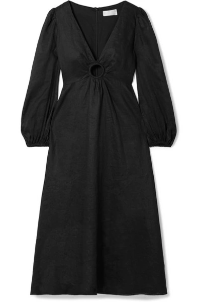 Shop Zimmermann Wayfarer Cutout Linen Midi Dress In Black